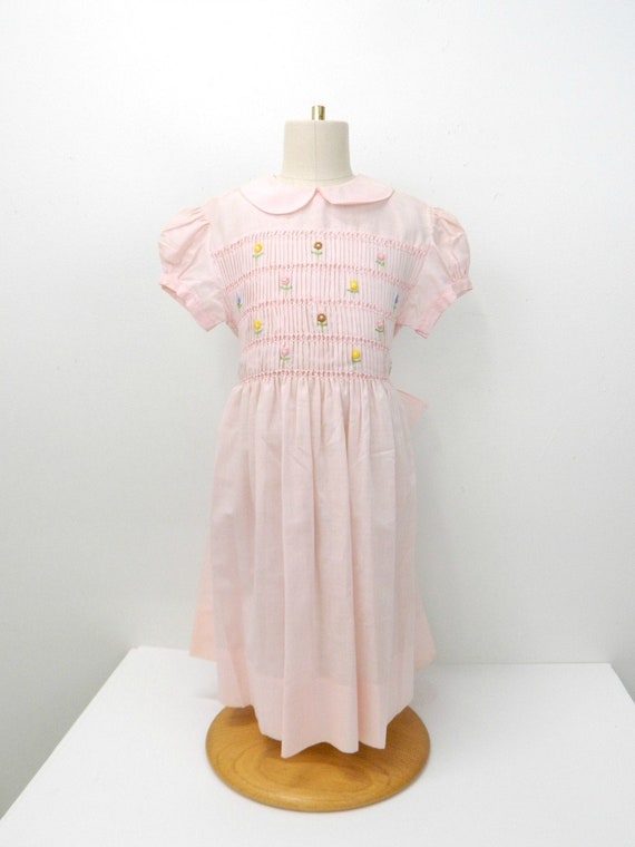 1960s Toddler Girls Smock Dress...Pale Pink Embroi