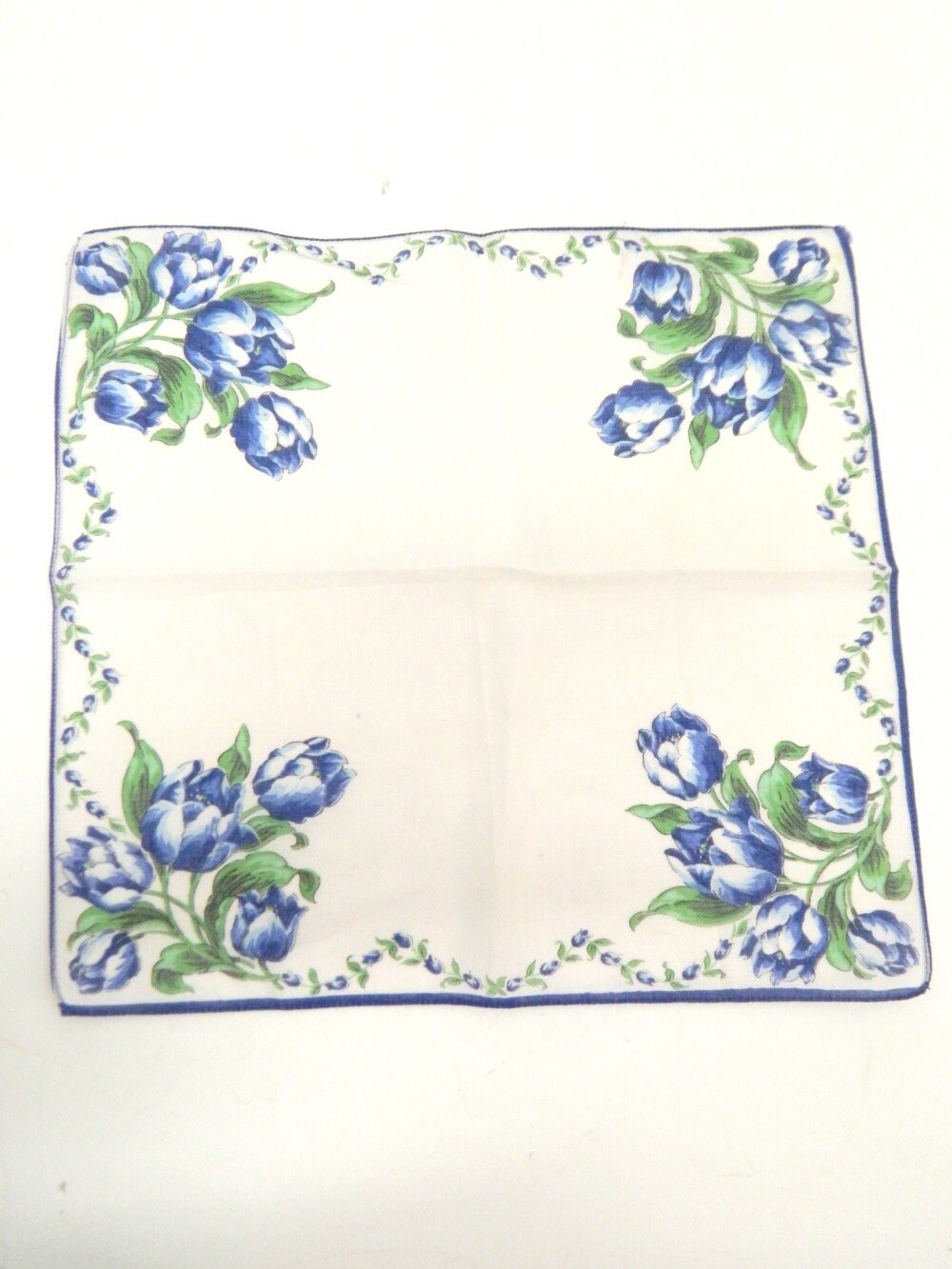 Vintage Blue Tulip and Yellow Leaf Handkerchief