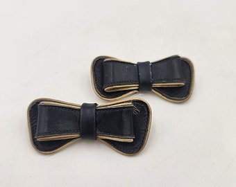 Vintage 1950's Mid Century Pair of Black and Tan Leather Bow Shoe Clips