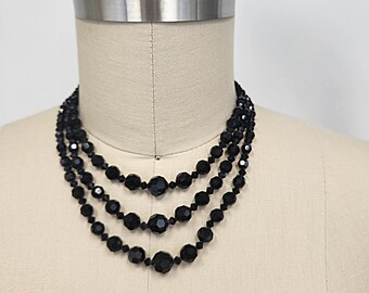 Vintage 1950's - 60's Black Glass 3 Strand Necklace - Mourning Jewelry