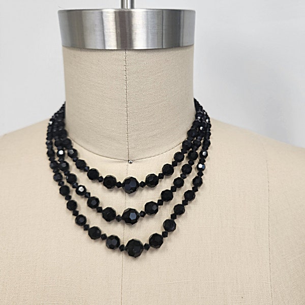 Vintage 1950's - 60's Black Glass 3 Strand Necklace - Mourning Jewelry