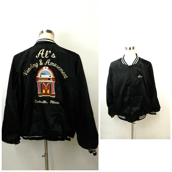 1970s Men's Satin Bomber Jacket...Black Jukebox Vendi… Gem