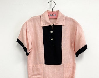 Vintage 50s Child's Rat Pack Shirt | Pinky Lee by Don Juan Linen Pop Over in Linen | Pink and Black | Size 6