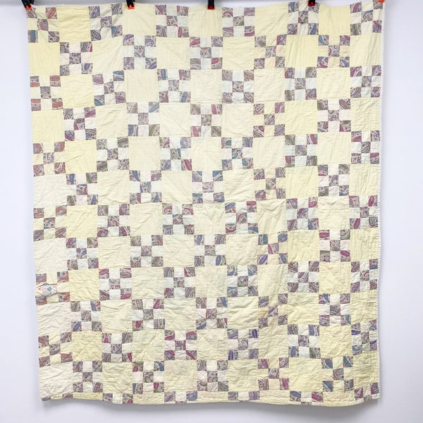 1940s - 50s 9 Patch Square Yellow Cutter Quilt