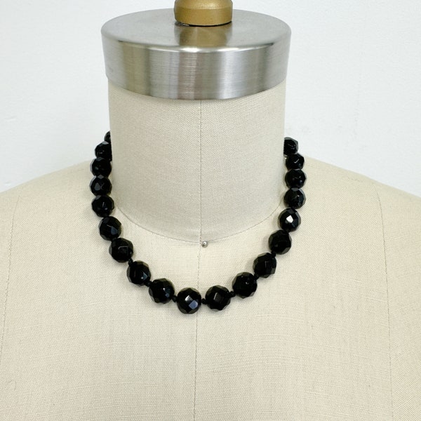 Vintage Black Faceted Glass Beads Choker | Simple 1950s Jet Black Necklace 15 1/2" - 18"