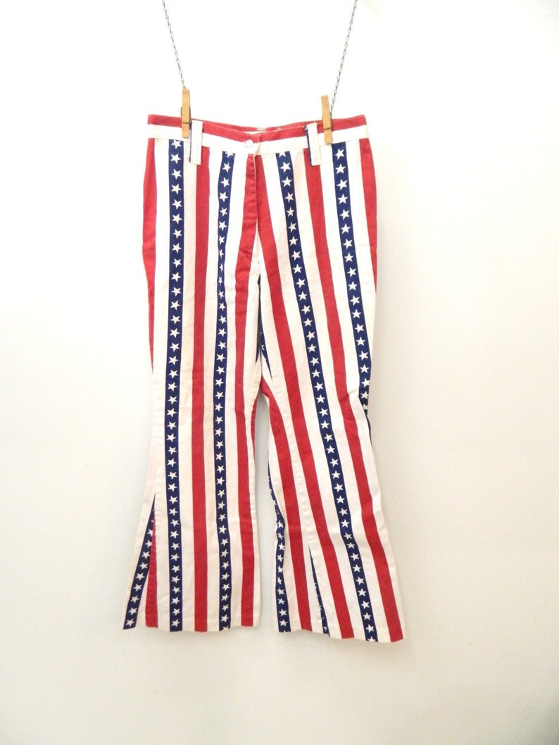 1970s Stars /& Stripes Denim Jeans...Bell Bottom Jeans...Red White Blue Americana Denim Pants...Miss Holly Size X Small to Small