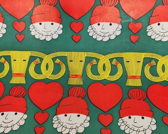 Vintage 1960's Christmas Holiday Gift Wrap - Scandinavian Hearts - Gnomes - Wheat and Rams
