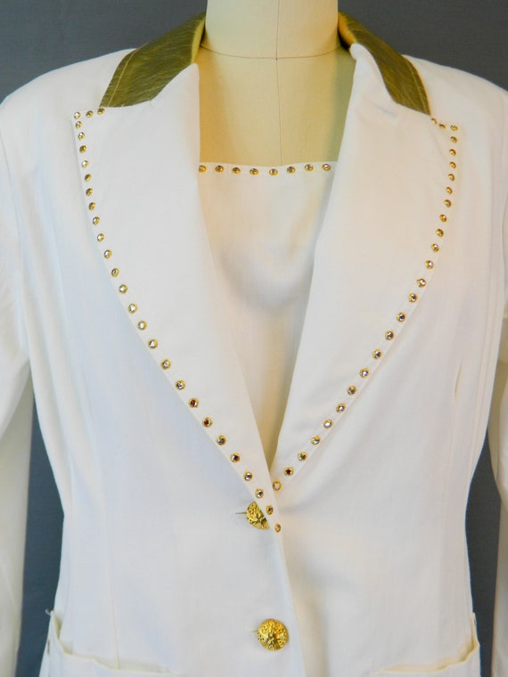 White Denim Dress & Blazer, Gold Leather Trim, L … - image 5