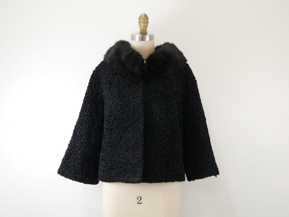 Vintage 1950s Black Wool Jacket with Sable Collar… - image 1