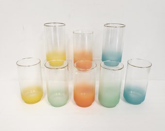 Vintage 1960's Mid Century Set of 8 Frosted Drinking Glasses - Aqua - Yellow - Green and Orange