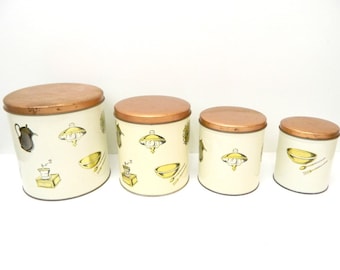 Vintage 1960s Canister Set  | Tuttle Corp | Set of 4 Tin Metal Canisters | Kitschy Kitchenware Design | Copper Lids | Unique Retro Storage