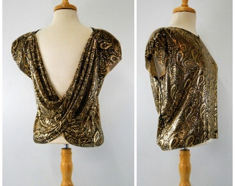 Vintage Whiting &  Davis Mesh Top | Chainmail Disco Shirt  70s Black and Gold Paisley  | Draped Low  Back