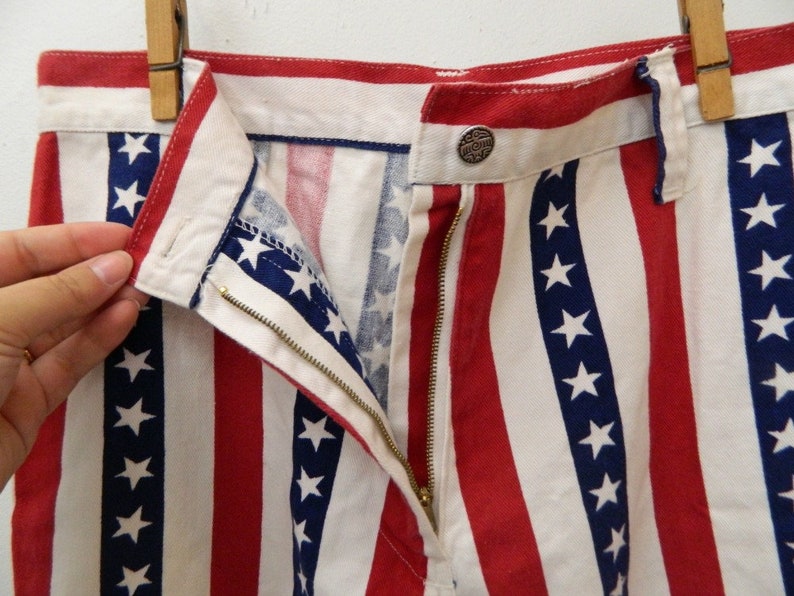1970s Stars /& Stripes Denim Jeans...Bell Bottom Jeans...Red White Blue Americana Denim Pants...Miss Holly Size X Small to Small