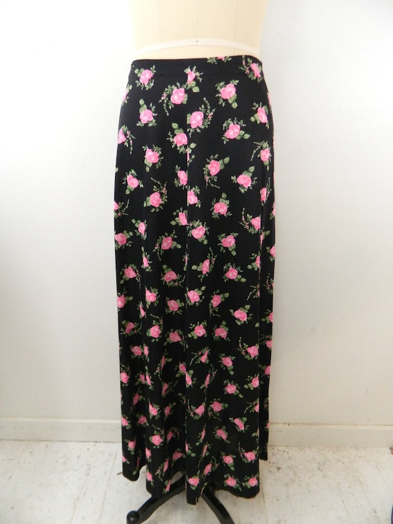 1970s Maxi Skirt & Scarf...Black with Pink Roses.… - image 2