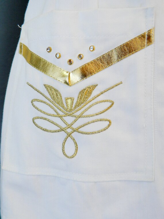 White Denim Dress & Blazer, Gold Leather Trim, L … - image 6
