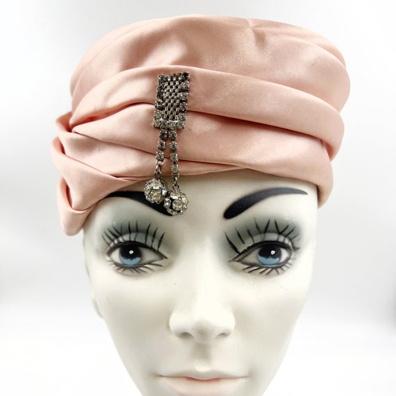 Vintage 50s Pink Satin Turban Hat with Rhinestone… - image 1