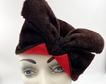 Vintage 40s Tilt Hat with Sassy Bow | Brown Faux Fur and Red Satin | Cecille Lorraine Womens Hat