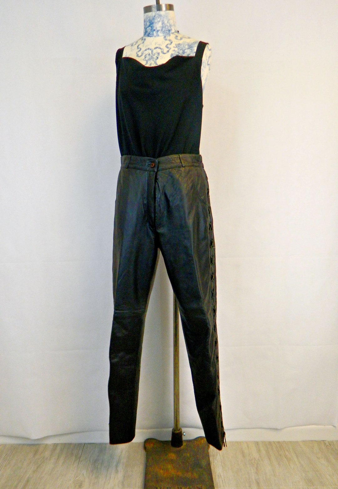 Vintage Black Leather Pants, Laceup Sides 80s/90s Lined Leather Pants