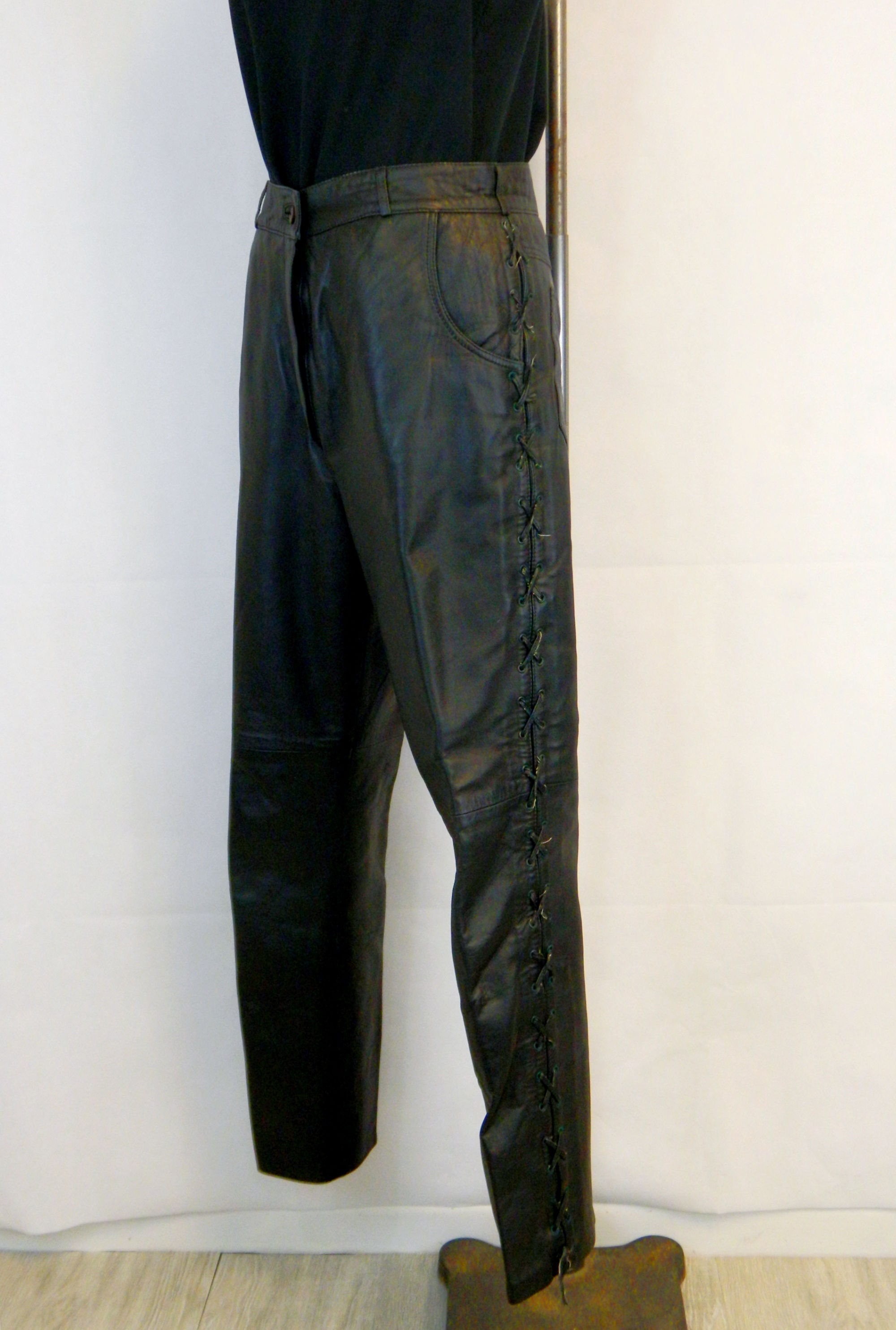 Vintage Black Leather Pants Laceup Sides 80s/90s Lined Etsy