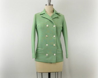 Vintage Green and White Striped Double Breasted Blazer ... Lime Green Horizontal Stripes ... Knit Polyester by Gino Paoli ... MidMod Size 12