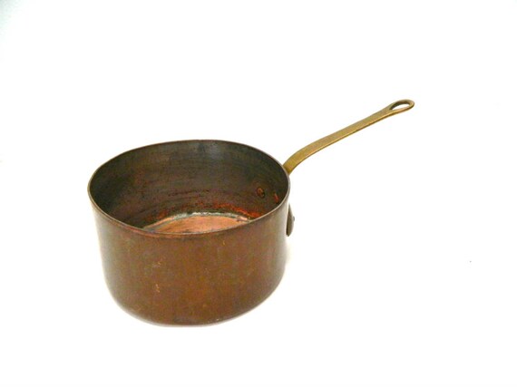 Farmhouse French Vintage Solid Copper Sauce Pan with Lid, Brass Handles  #38099