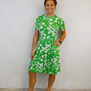 Vintage Scooter Dress 1960s Lime Green Polka Dot Mod Retro Day Dress Dropped Waist, Pleated Skirt image 1