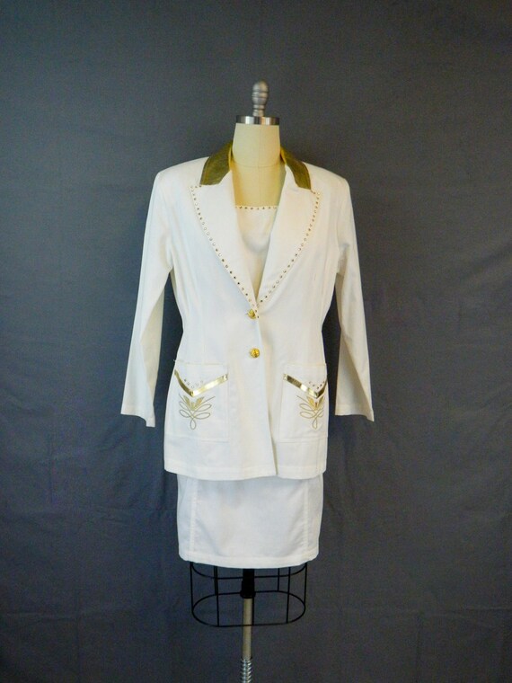 White Denim Dress & Blazer, Gold Leather Trim, L … - image 9