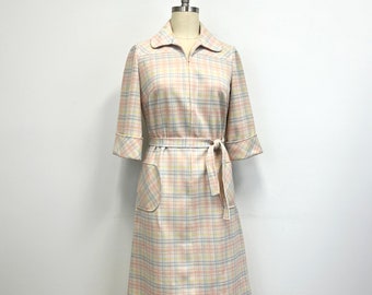 Vintage Plaid Belted Shift Dress | 1960s Kay Windsor Pastel Polyester | Size Large