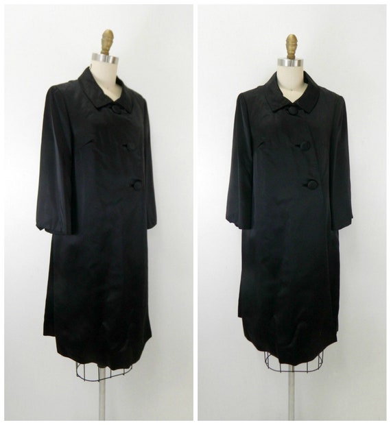 Vintage 60s Black Satin Swing Coat ... Large Cocktail Dress - Etsy