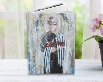 May include: A blue and white striped journal with a painting of a person wearing glasses and a crown of thorns. The person is holding a rosary and a red sign with the letter "P" and the number "76670".