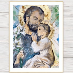 St Joseph Guardian of the Redeemer, Catholic Art, Saint Joseph, Foster Father of Jesus, Watercolor Art, Religious Wall Art, Faith Home Decor