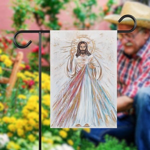 Divine Mercy Garden Flag, St. Faustina, Jesus Christ, Prayer Garden Decor, Catholic Art, Christian Prayer, Outdoor, Gardening with Christ