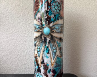 Turquoise Western Glam 20oz Epoxy Tumbler | Rustic Cowhide Bow Skinny Tumbler | Handmade Glitter Cup Gift for Her