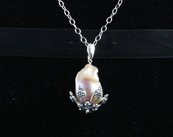 Fancy Sunset Flame Pearl Necklace : Sunset Baroque Pearl Pendant with Sterling Silver Setting