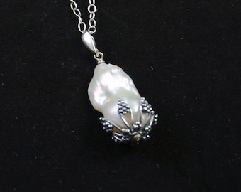 Fancy Flame Pearl Necklace : Baroque Pearl Pendant with Sterling Silver Setting