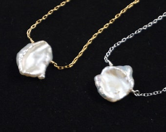 Simple Keishi Petal Pearl Necklace : Pearl Pendant with Dainty Chain in Silver or Gold