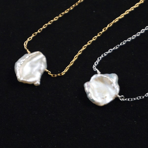 Simple Keishi Petal Pearl Necklace : Pearl Pendant with Dainty Chain in Silver or Gold