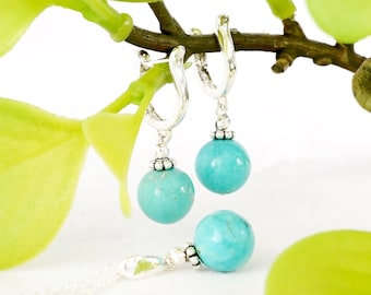 Turquoise Drop Pendant & Earrings Set : Hypoallergenic Sterling Silver Leverback Dangle Earrings