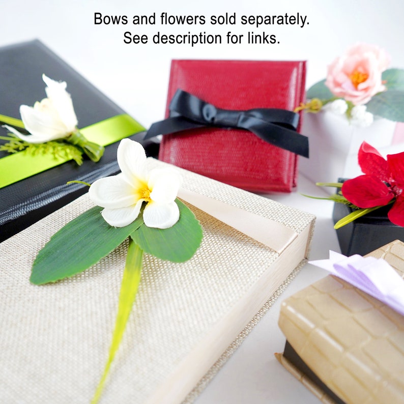 Decorate the gift box with custom satin bows and silk flowers. Sold separately. Please see "Item Details" for the links.