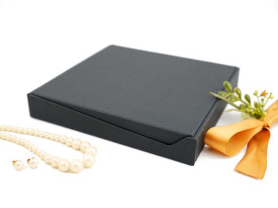 Matte Black Necklace Box - Jewelry Gift Box for Large Necklaces, Jewelry Sets - Linen Texture