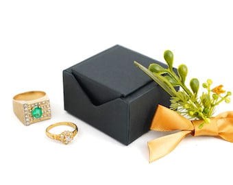 Matte Black Ring Box - Jewelry Gift Box for Men's Rings, Women's Rings, Stud Earrings - Linen Texture