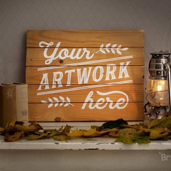 Mockup romantic autumn interior photo - pallet sign mockup - present art - photorealistic psd smart object - mock up empty wood sign