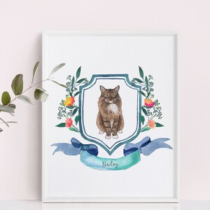 May include: A watercolour painting of a cat in a blue and green coat of arms with floral accents. The cat is sitting on a shield with the name "Bailey" written on a ribbon below.