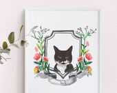Pet Portrait with Custom Crest/ Custom Pet Drawing Pen & Wash Style/ Pet Loss Gift/ Gift for Parents/ Pet Memorial/ Birthday Gifts PW01
