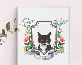 Pet Portrait with Custom Crest/ Custom Pet Drawing Pen & Wash Style/ Pet Loss Gift/ Gift for Parents/ Pet Memorial/ Birthday Gifts PW01