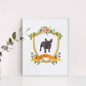 May include: A watercolour illustration of a black French Bulldog in a gold frame with a floral wreath and a banner that says "Boo".