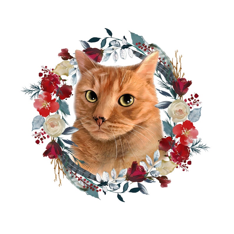 May include: A ginger cat with green eyes is surrounded by a wreath of red, white, and blue flowers. The wreath is made of watercolor painted flowers and leaves.