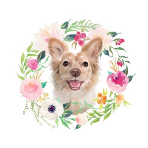 May include: A watercolor illustration of a light brown dog with a pink nose and tongue sticking out, surrounded by a wreath of pink, white, and yellow flowers.