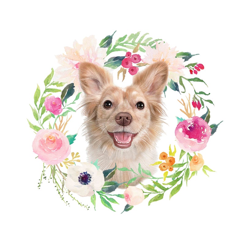 May include: A watercolor illustration of a light brown dog with a pink nose and tongue sticking out, surrounded by a wreath of pink, white, and yellow flowers.