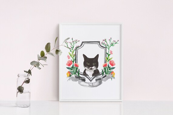 Pet Portrait with Custom Crest/ Custom Pet Drawing Pen & Wash Style/ Pet Loss Gift/ Gift for Parents/ Pet Memorial/ Birthday Gifts PW01